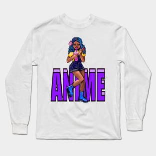 Cute Kawaii black Girl with bubble tea, African American, Black cartoon, purple text anime, game character girl Long Sleeve T-Shirt